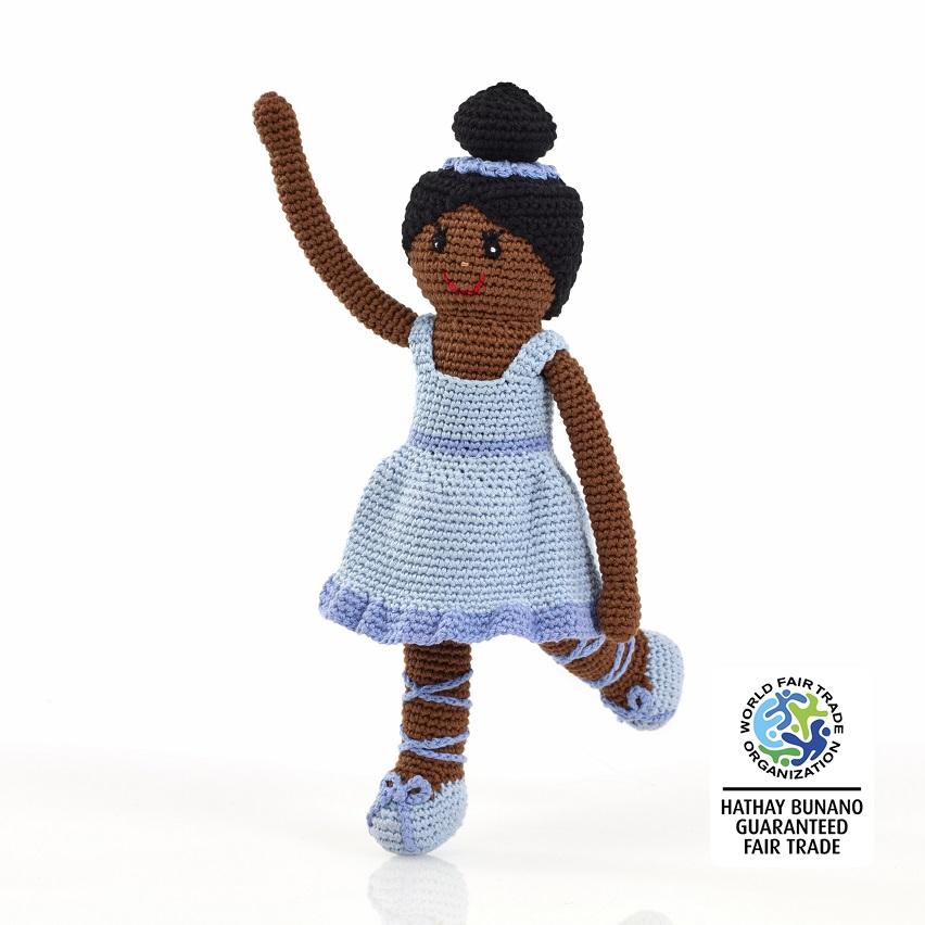 Handmade crochet ballerina doll in blue dress with blue ballet shoes and dark skin